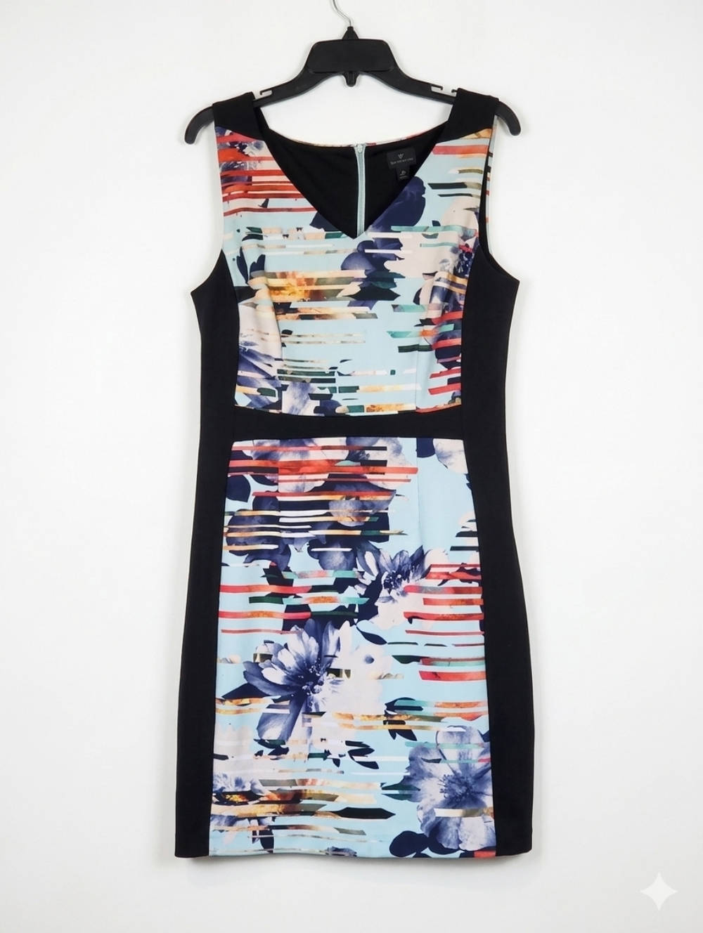 WORTHINGTON Floral Geometric Sheath Dress 10 Blue Black Pink Slimming Contour 👗
